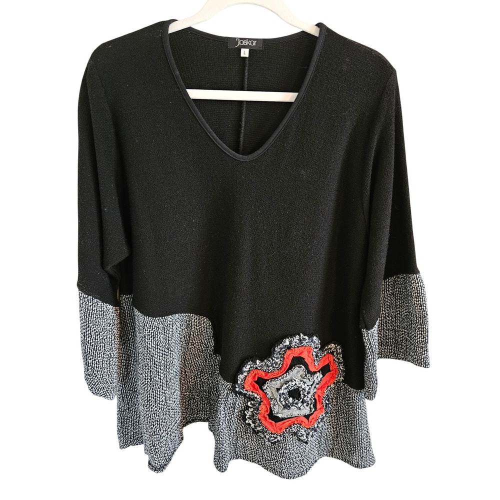 Jaskar Black White Colorblock Floral Applique V-Neck Knit Tunic Top Large